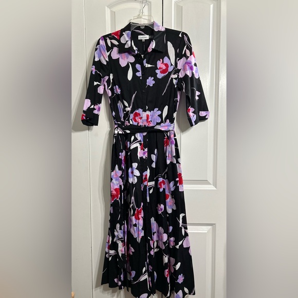 Calvin Klein Women's Floral 3/4 Sleeve Black/Purple Shirt Maxi Dress Size 6 - Picture 3 of 14